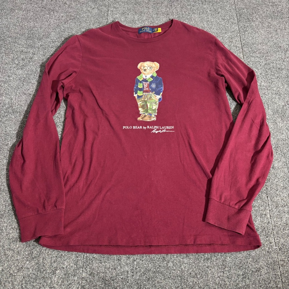 Polo Ralph Lauren Mens Polo Bear Long Sleeve T-Shirt Burgundy Maroon Size M